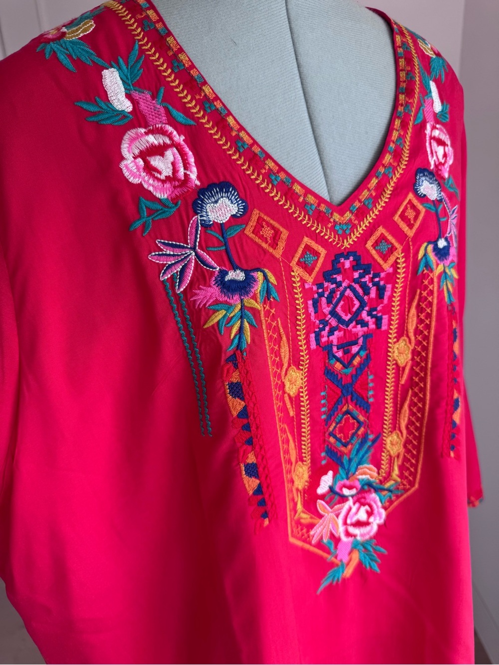 Laura Klein Embroidered V-Neck Blouse in Fuchsia with Multi-Color Floral Detail